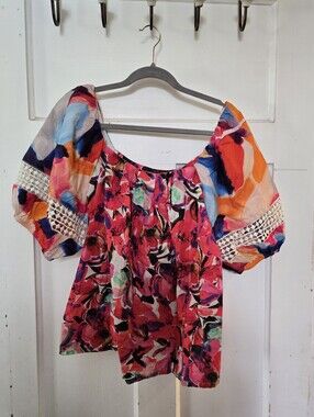 French Connection Pink Floral Puff Sleeve Top with Multicolor Accents
